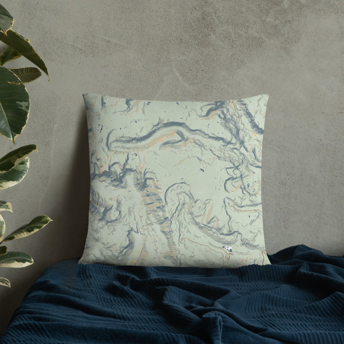 Custom San Juan Wilderness Colorado Map Throw Pillow in Woodblock on Bedding Against Wall