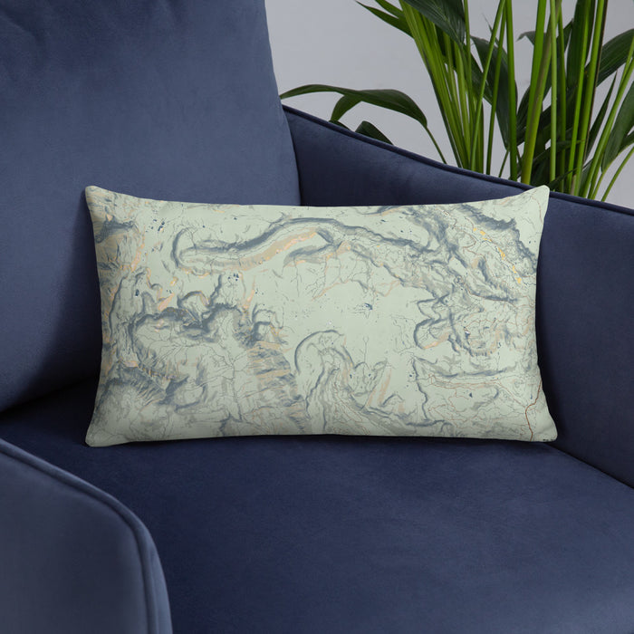 Custom San Juan Wilderness Colorado Map Throw Pillow in Woodblock on Blue Colored Chair