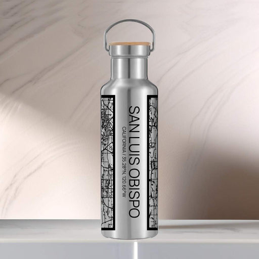 San Luis Obispo California Custom City Map Inscription Coordinates on 20oz Stainless Steel Insulated Bottle with Bamboo Top with printed Tactile Lines Map in Black