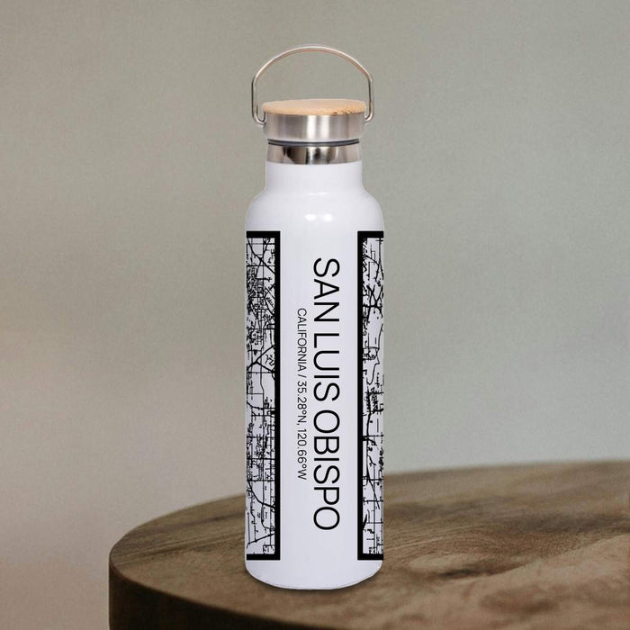 San Luis Obispo California Custom City Map Inscription Coordinates on 20oz Stainless Steel Insulated Bottle with Bamboo Top in Matte White with printed Tactile Lines Map in Black