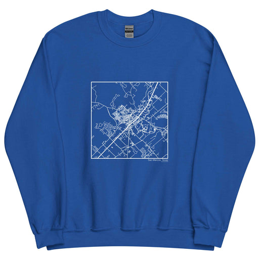 San Marcos Texas  Map Unisex Crewneck Sweater with City inscription in Royal Blue