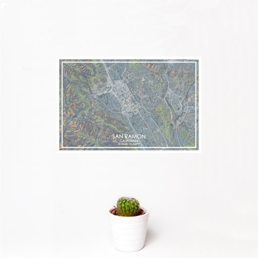 12x18 San Ramon California Map Print Landscape Orientation in Afternoon Style With Small Cactus Plant in White Planter