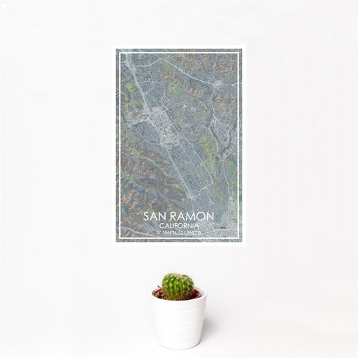 12x18 San Ramon California Map Print Portrait Orientation in Afternoon Style With Small Cactus Plant in White Planter