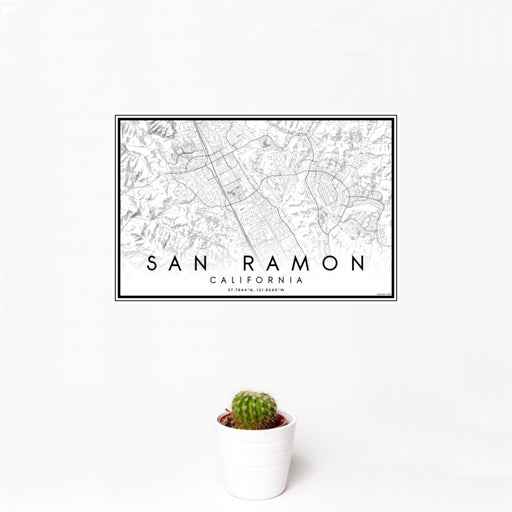12x18 San Ramon California Map Print Landscape Orientation in Classic Style With Small Cactus Plant in White Planter
