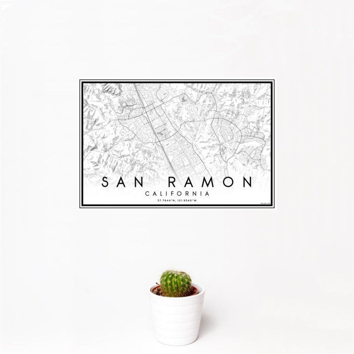 12x18 San Ramon California Map Print Landscape Orientation in Classic Style With Small Cactus Plant in White Planter