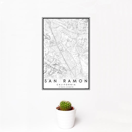 12x18 San Ramon California Map Print Portrait Orientation in Classic Style With Small Cactus Plant in White Planter