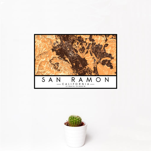 12x18 San Ramon California Map Print Landscape Orientation in Ember Style With Small Cactus Plant in White Planter