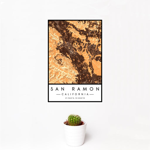 12x18 San Ramon California Map Print Portrait Orientation in Ember Style With Small Cactus Plant in White Planter