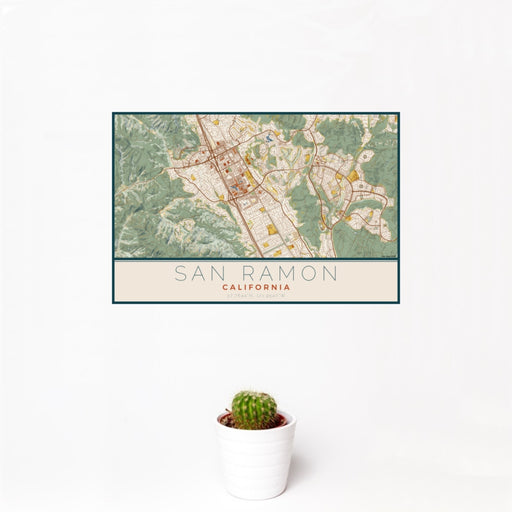 12x18 San Ramon California Map Print Landscape Orientation in Woodblock Style With Small Cactus Plant in White Planter