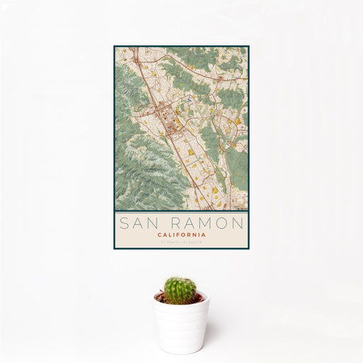 12x18 San Ramon California Map Print Portrait Orientation in Woodblock Style With Small Cactus Plant in White Planter