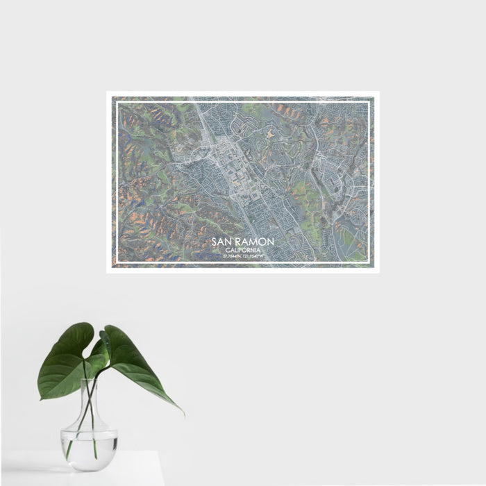 16x24 San Ramon California Map Print Landscape Orientation in Afternoon Style With Tropical Plant Leaves in Water