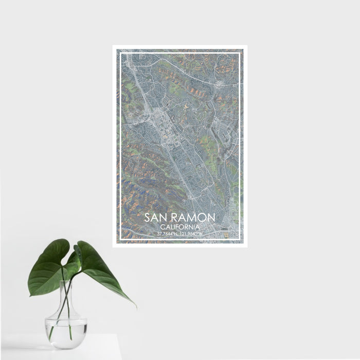 16x24 San Ramon California Map Print Portrait Orientation in Afternoon Style With Tropical Plant Leaves in Water
