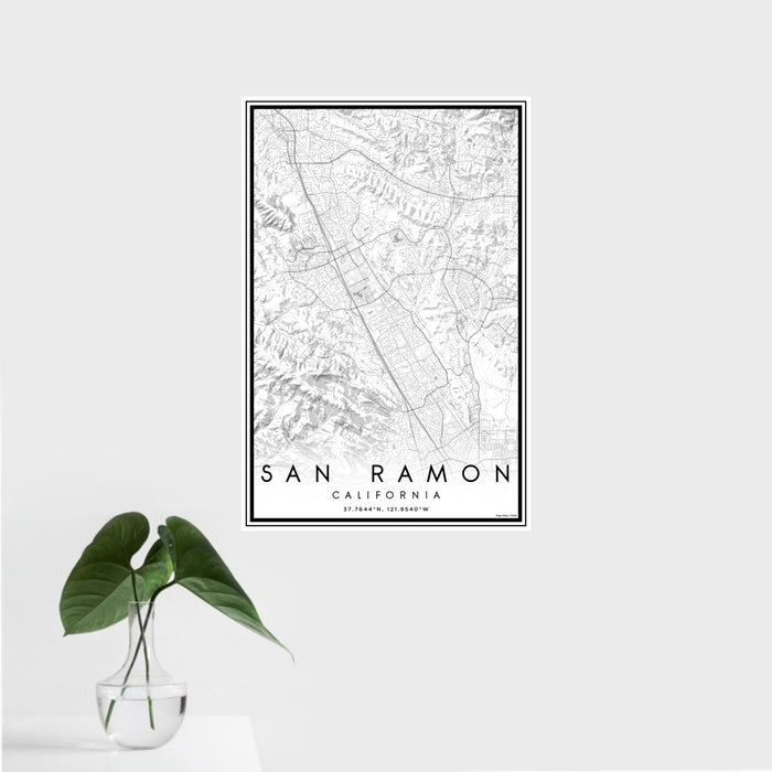 16x24 San Ramon California Map Print Portrait Orientation in Classic Style With Tropical Plant Leaves in Water
