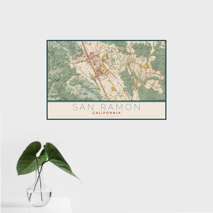 16x24 San Ramon California Map Print Landscape Orientation in Woodblock Style With Tropical Plant Leaves in Water