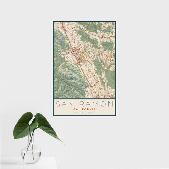 16x24 San Ramon California Map Print Portrait Orientation in Woodblock Style With Tropical Plant Leaves in Water
