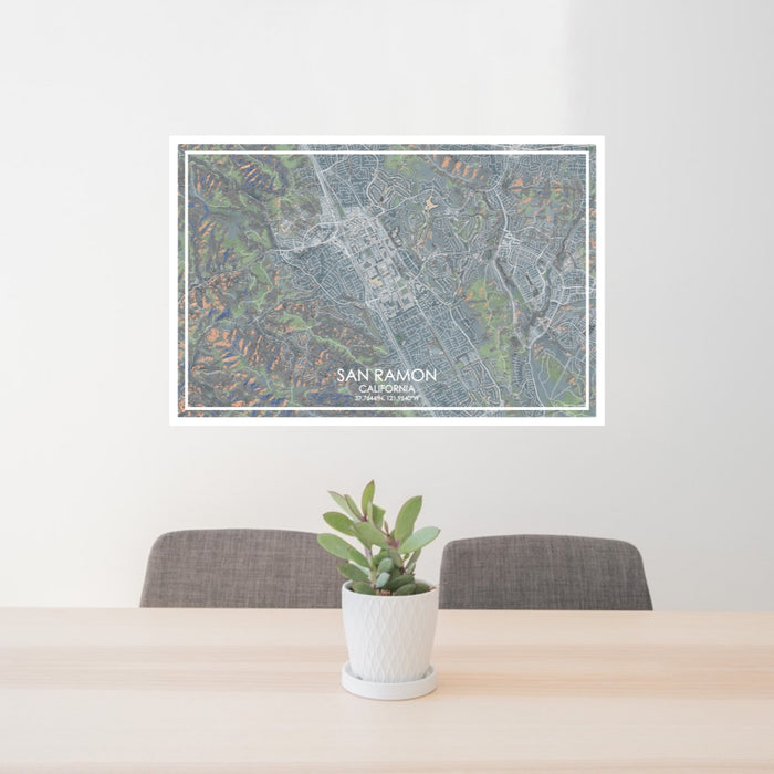 24x36 San Ramon California Map Print Lanscape Orientation in Afternoon Style Behind 2 Chairs Table and Potted Plant