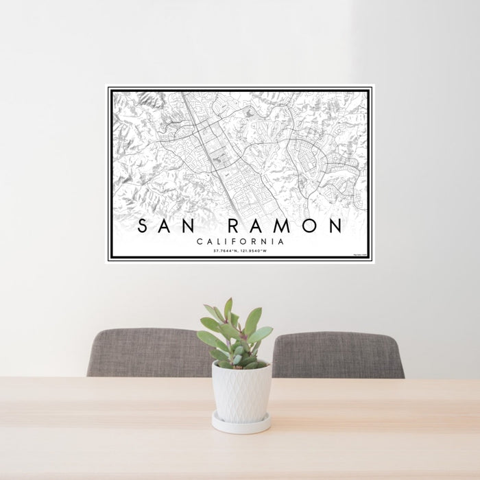 24x36 San Ramon California Map Print Lanscape Orientation in Classic Style Behind 2 Chairs Table and Potted Plant