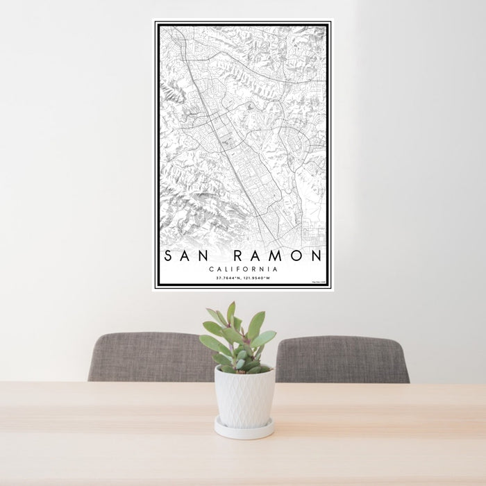 24x36 San Ramon California Map Print Portrait Orientation in Classic Style Behind 2 Chairs Table and Potted Plant