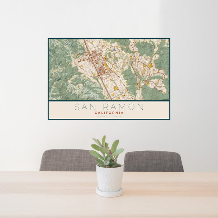 24x36 San Ramon California Map Print Lanscape Orientation in Woodblock Style Behind 2 Chairs Table and Potted Plant