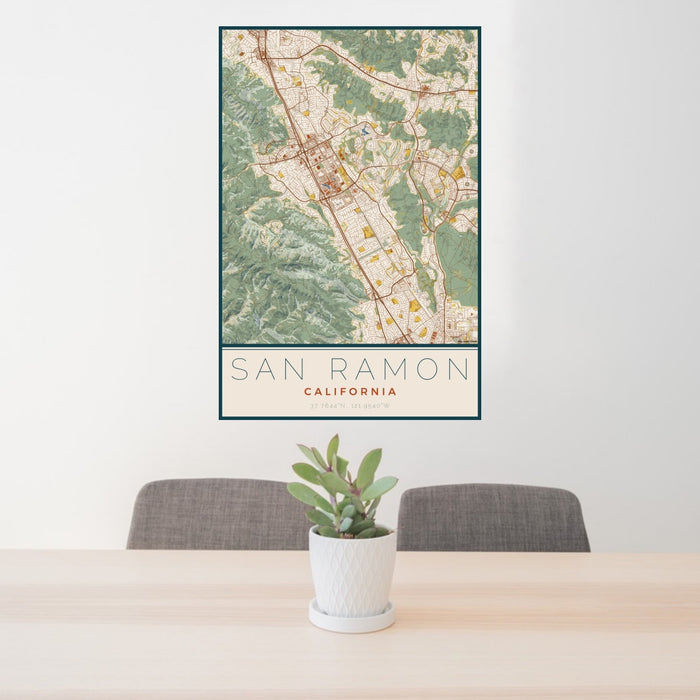 24x36 San Ramon California Map Print Portrait Orientation in Woodblock Style Behind 2 Chairs Table and Potted Plant