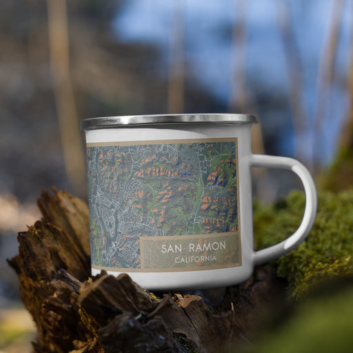 Right View Custom San Ramon California Map Enamel Mug in Afternoon on Grass With Trees in Background