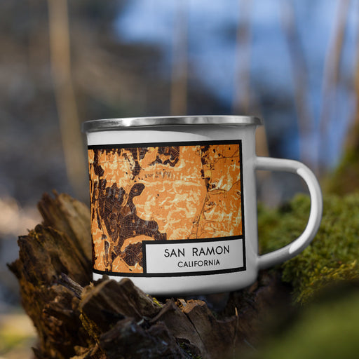 Right View Custom San Ramon California Map Enamel Mug in Ember on Grass With Trees in Background