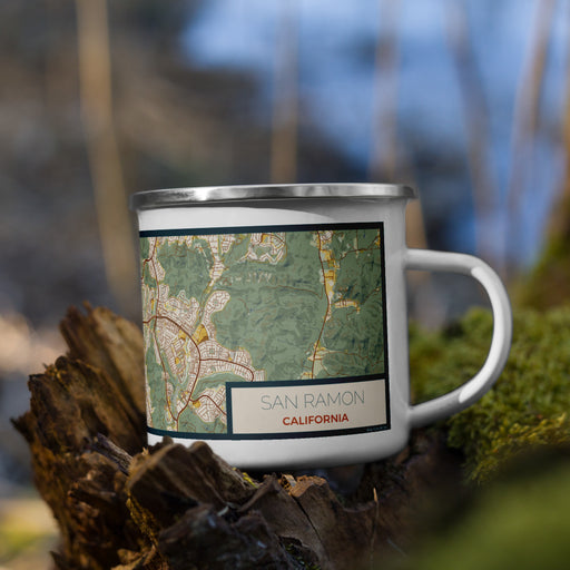 Right View Custom San Ramon California Map Enamel Mug in Woodblock on Grass With Trees in Background