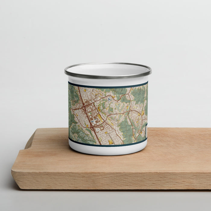 Front View Custom San Ramon California Map Enamel Mug in Woodblock on Cutting Board