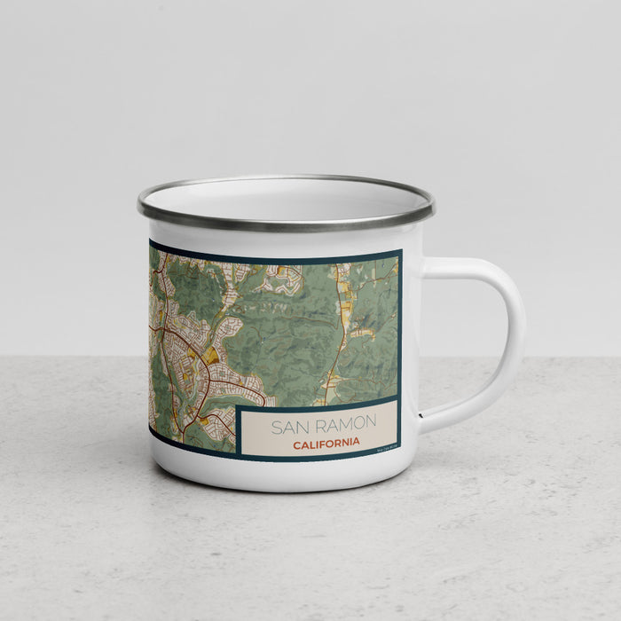 Right View Custom San Ramon California Map Enamel Mug in Woodblock