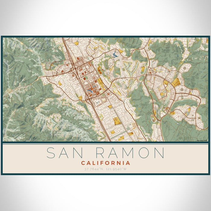 San Ramon California Map Print Landscape Orientation in Woodblock Style With Shaded Background