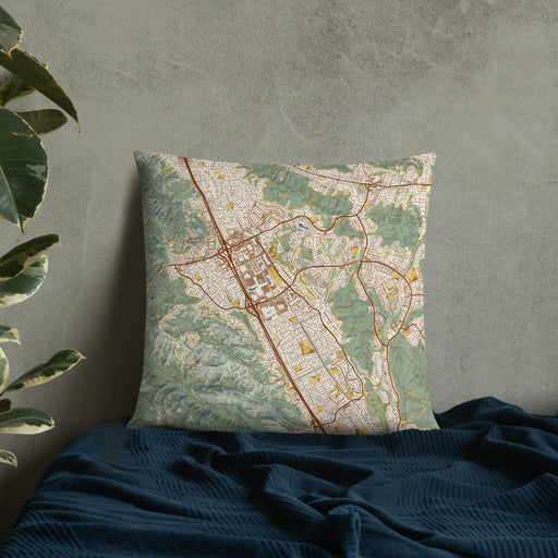 Custom San Ramon California Map Throw Pillow in Woodblock on Bedding Against Wall
