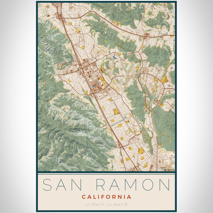 San Ramon California Map Print Portrait Orientation in Woodblock Style With Shaded Background