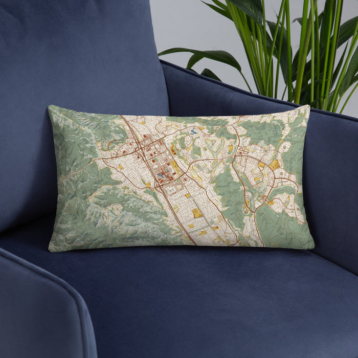 Custom San Ramon California Map Throw Pillow in Woodblock on Blue Colored Chair