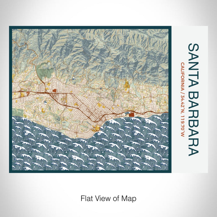Rendered View of Santa Barbara California Map on 20oz Stainless Steel Insulated Bottle with Bamboo Top with printed woodblock style map