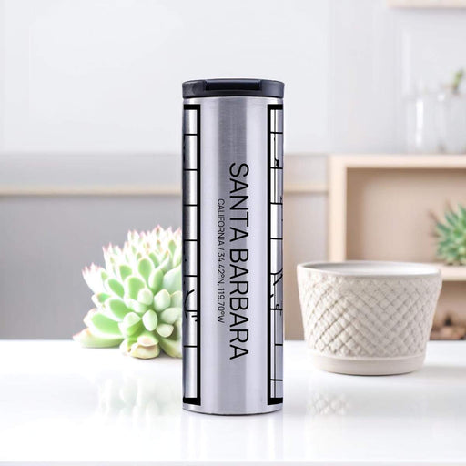 Santa Barbara California Custom City Map Inscription Coordinates on 17oz Stainless Steel Insulated Tumbler in Tactile Lines with Succulent in Background