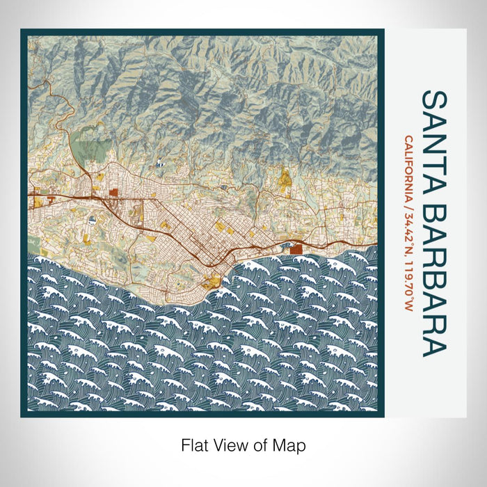 Rendered View of Santa Barbara California Map on 17oz Stainless Steel Insulated Tumbler in Woodblock Map Style