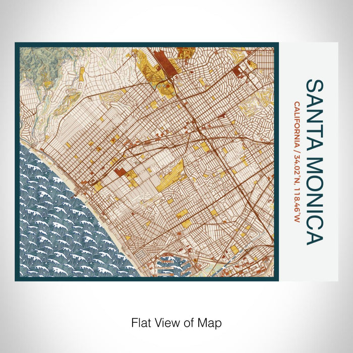 Rendered View of Santa Monica California Map on 20oz Stainless Steel Insulated Bottle with Bamboo Top with printed woodblock style map