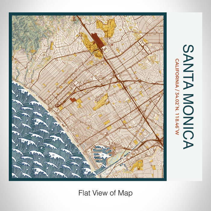 Rendered View of Santa Monica California Map on 17oz Stainless Steel Insulated Tumbler in Woodblock Map Style