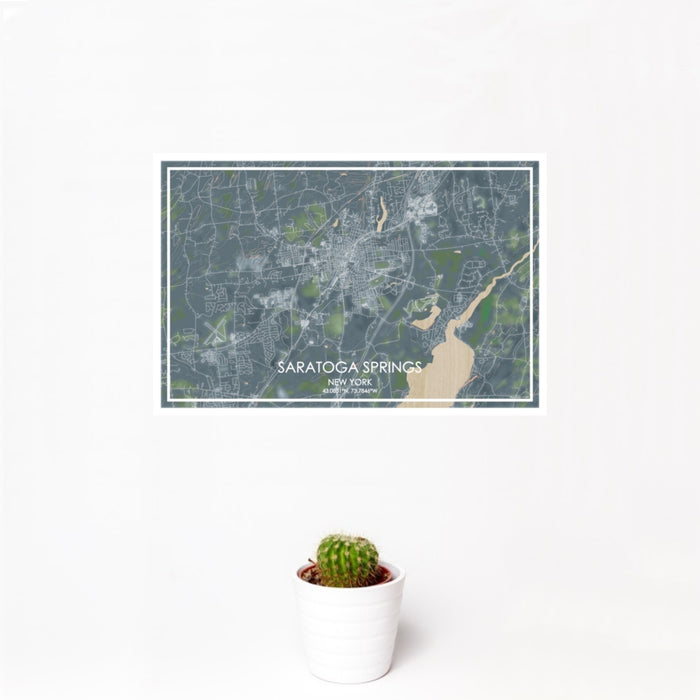 12x18 Saratoga Springs New York Map Print Landscape Orientation in Afternoon Style With Small Cactus Plant in White Planter