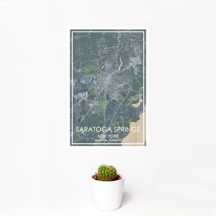 12x18 Saratoga Springs New York Map Print Portrait Orientation in Afternoon Style With Small Cactus Plant in White Planter