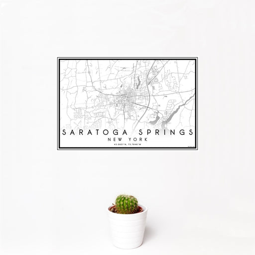 12x18 Saratoga Springs New York Map Print Landscape Orientation in Classic Style With Small Cactus Plant in White Planter