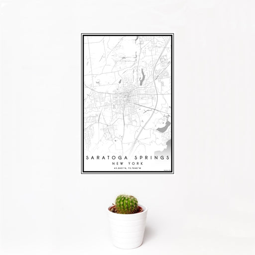 12x18 Saratoga Springs New York Map Print Portrait Orientation in Classic Style With Small Cactus Plant in White Planter