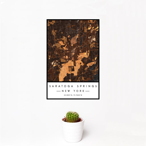 12x18 Saratoga Springs New York Map Print Portrait Orientation in Ember Style With Small Cactus Plant in White Planter