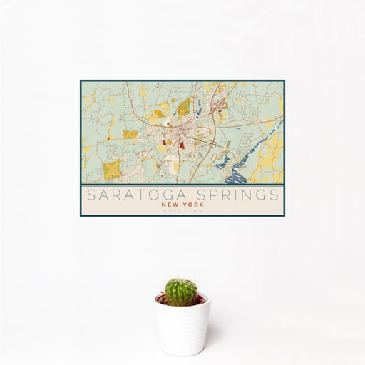 12x18 Saratoga Springs New York Map Print Landscape Orientation in Woodblock Style With Small Cactus Plant in White Planter