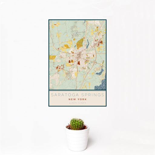 12x18 Saratoga Springs New York Map Print Portrait Orientation in Woodblock Style With Small Cactus Plant in White Planter