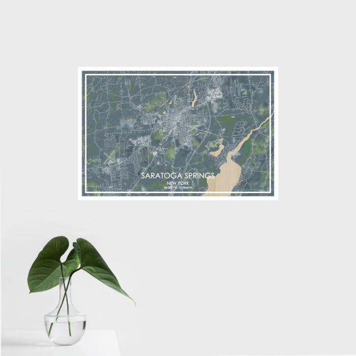 16x24 Saratoga Springs New York Map Print Landscape Orientation in Afternoon Style With Tropical Plant Leaves in Water