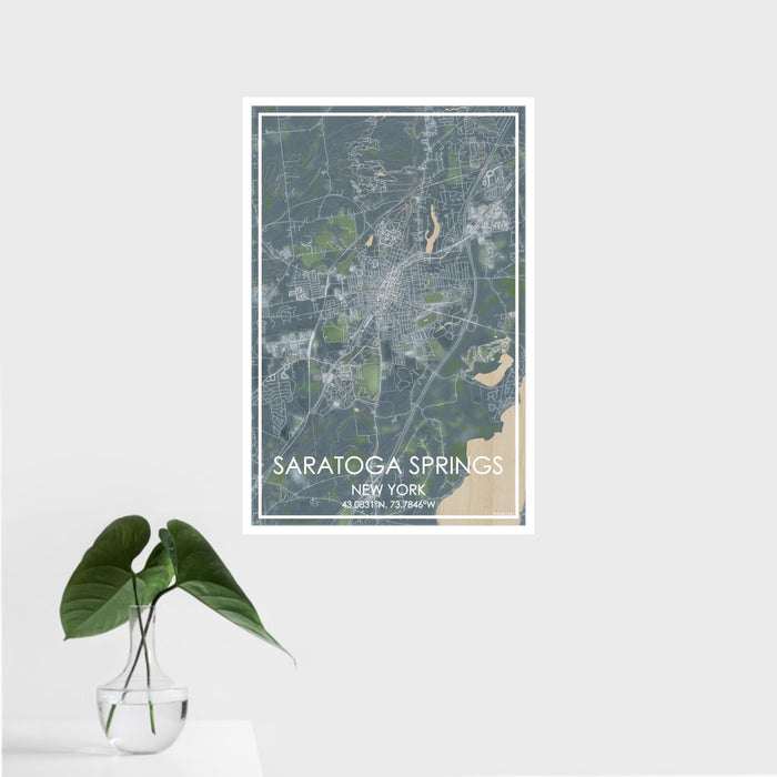 16x24 Saratoga Springs New York Map Print Portrait Orientation in Afternoon Style With Tropical Plant Leaves in Water