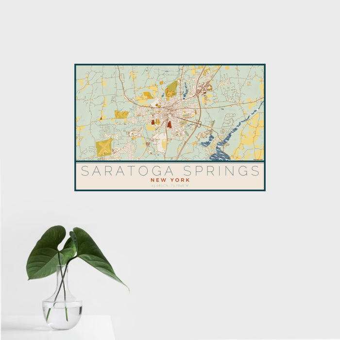 16x24 Saratoga Springs New York Map Print Landscape Orientation in Woodblock Style With Tropical Plant Leaves in Water