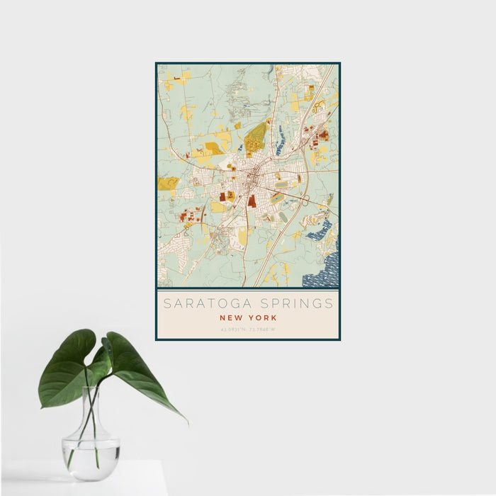 16x24 Saratoga Springs New York Map Print Portrait Orientation in Woodblock Style With Tropical Plant Leaves in Water