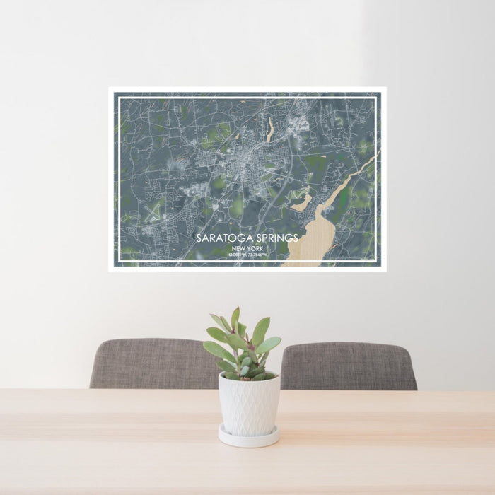 24x36 Saratoga Springs New York Map Print Lanscape Orientation in Afternoon Style Behind 2 Chairs Table and Potted Plant